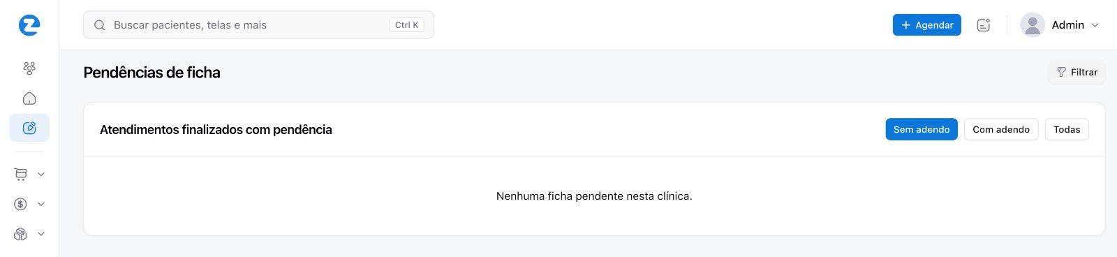 Tela de pendências de ficha com filtros Sem adendo, Com adendo e Todas