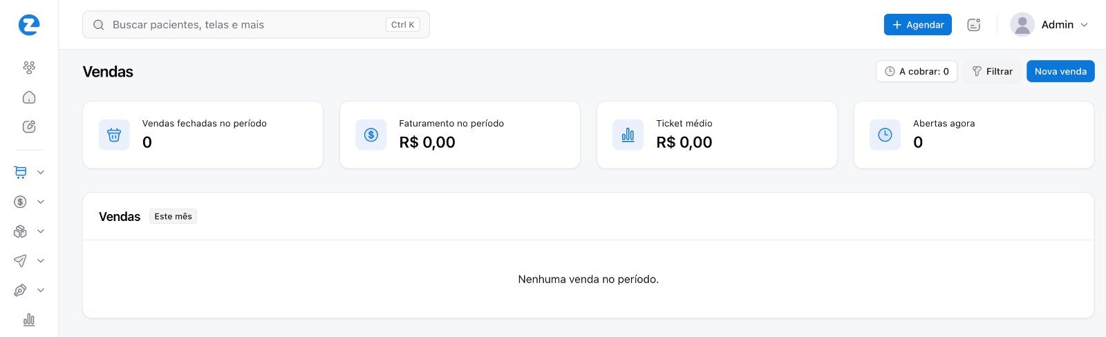 Painel de vendas com faturamento, ticket médio e vendas abertas